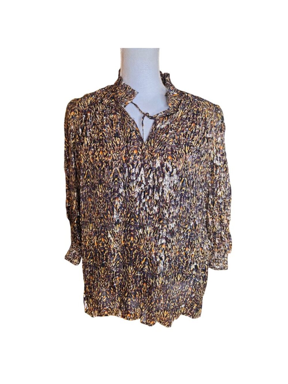 ba&sh NWT Size 2 M Metallic Khaki Print Peasant Blouse Boho Parisian V-Neck Top